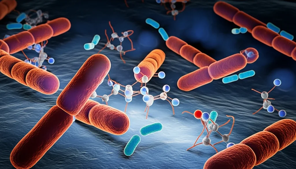 Visualizzazione fotorealistica di batteri Streptococcus pneumoniae sotto attacco da parte di diverse molecole di antibiotici di nuova generazione, rappresentate come particelle luminose, obiettivo prime 50mm, profondità di campo ridotta per focalizzare l'attenzione sull'interazione, illuminazione drammatica con contrasti forti.