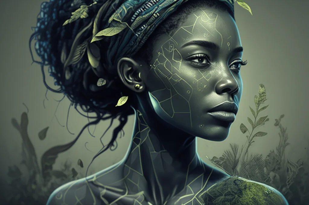 Concetto visivo che fonde tecnologia AI (circuiti stilizzati) con un ritratto potente di una donna africana e elementi naturali (terra, piante), simboleggiando l'intersezione tra IA sostenibile, etica femminista africana e impatto ambientale. Prime lens, 35mm portrait, duotone (verde terra e blu tecnologico), depth of field.