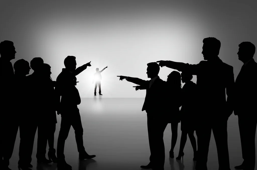 Foto grandangolare, obiettivo 24mm, di un gruppo eterogeneo di figure in silhouette che puntano il dito verso una singola figura isolata sotto un riflettore in una grande sala vuota, illuminazione drammatica, messa a fuoco nitida.