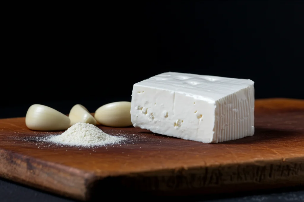 Fotografia di cibo still life: un pezzo invitante di formaggio morbido bianco su un tagliere scuro, con accanto spicchi d'aglio e un piccolo mucchietto di polvere fine (l'estratto incapsulato). Luce laterale drammatica, obiettivo macro 90mm, alta definizione, focus selettivo sulla texture del formaggio.