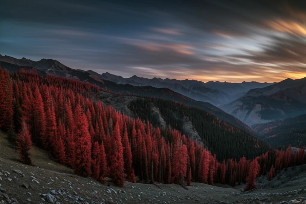 Fotografia paesaggistica grandangolare, obiettivo 18mm, dei Monti Qilian al tramonto, con foreste di abeti rossi del Qinghai (Picea crassifolia) che coprono i pendii inferiori. Luce dorata calda, messa a fuoco nitida dalle montagne in primo piano allo sfondo, lunga esposizione per nuvole soffuse nel cielo.