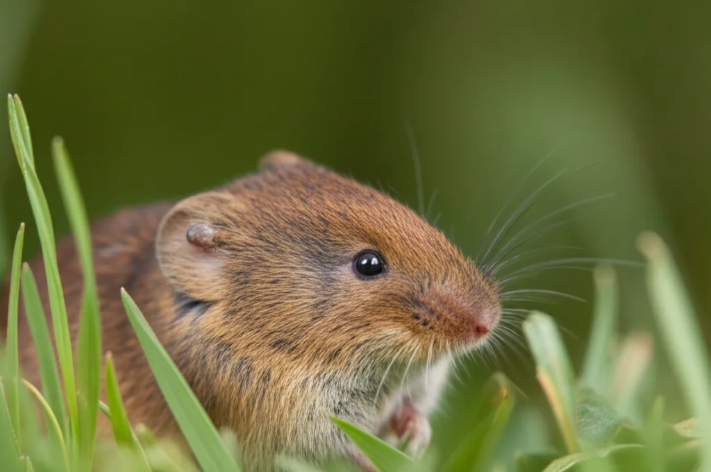 Fotografia ritratto ravvicinata di un'arvicola comune (Microtus arvalis) che sbircia dall'erba, una singola minuscola pulce appena visibile sull'orecchio, profondità di campo ridotta, luce naturale, obiettivo 35mm prime lens.