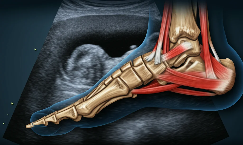 Immagine concettuale che mostra una caviglia umana anatomicamente corretta con i muscoli peronei evidenziati in rosso acceso, sovrapposta a un'immagine ecografica astratta con diverse gradazioni di grigio a rappresentare l'ecogenicità. Stile fotorealistico con illuminazione drammatica laterale, lente prime 35mm, profondità di campo selettiva sulla caviglia e sui muscoli. Sfumature duotone blu e grigio per un look moderno e scientifico.