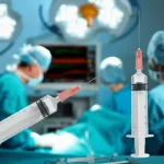 Immagine fotorealistica di una sala operatoria high-tech durante un intervento di chirurgia bariatrica. Il team medico è concentrato, monitor mostrano grafici stabili. In primo piano, una siringa senza ago con un farmaco chiaro (simbolo dell'anestesia senza oppioidi). Luce chirurgica intensa ma ben diffusa. Obiettivo 35mm, profondità di campo media.