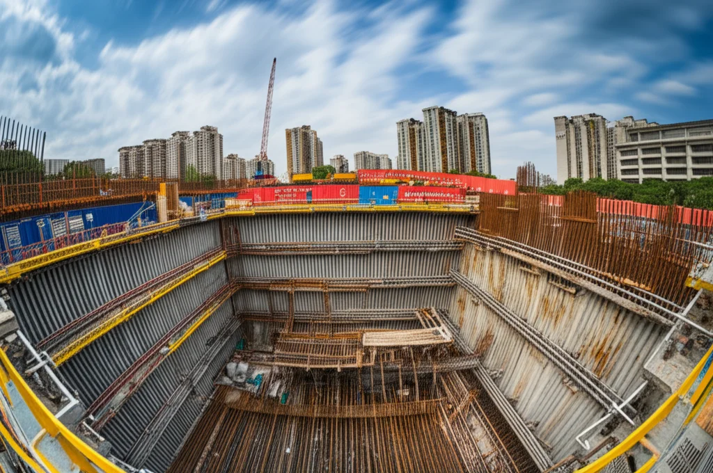 Immagine panoramica grandangolare di un cantiere di scavo profondo a Ningbo, Cina, in un'area urbana densamente popolata, con muri di diaframma in cemento armato e sistemi di supporto in acciaio visibili sotto un cielo parzialmente nuvoloso, obiettivo grandangolare 12mm, lunga esposizione per sfumare le nuvole, messa a fuoco nitida sull'intera scena.