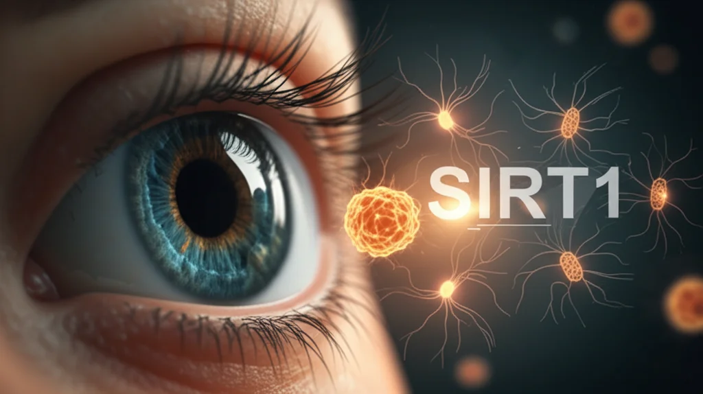 Primo piano fotorealistico di un occhio umano sano con la pupilla dilatata che rivela la retina e il nervo ottico. Sovrapposta all'immagine, una rappresentazione grafica stilizzata della proteina SIRT1 che interagisce con mitocondri luminosi, simboleggiando la protezione neuronale. Profondità di campo ridotta, obiettivo prime 85mm, illuminazione cinematografica.