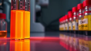 Primo piano macro di fiale contenenti una soluzione di rosso cresolo alcalino che cambia colore dal rosso al giallo sotto l'effetto di radiazioni gamma in un laboratorio scientifico, illuminazione controllata, obiettivo macro 100mm, alta definizione.