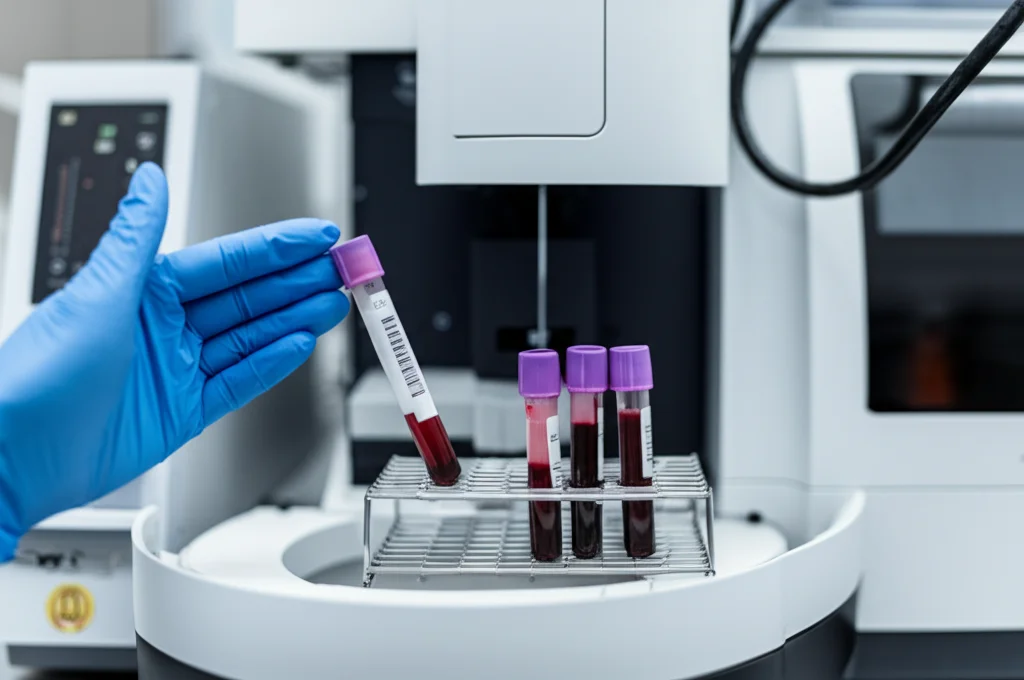 Ricercatore in laboratorio che analizza un campione di sangue per la biopsia liquida, focus su provetta e macchinario high-tech, illuminazione controllata da laboratorio, obiettivo macro 90mm, alta definizione dei dettagli della strumentazione.