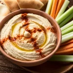 Una ciotola invitante di hummus fresco e cremoso, guarnita con un filo d'olio d'oliva extra vergine, paprika dolce e prezzemolo tritato, posizionata su una superficie rustica in legno. Accanto alla ciotola, pezzi di pane pita caldo e croccante e bastoncini di verdure fresche (carote, sedano). Fotografia di cibo still life, obiettivo macro 105mm per catturare l'alta definizione della texture cremosa, illuminazione da studio controllata laterale per creare ombre morbide ed esaltare la tridimensionalità del piatto.
