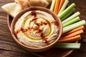 Una ciotola invitante di hummus fresco e cremoso, guarnita con un filo d'olio d'oliva extra vergine, paprika dolce e prezzemolo tritato, posizionata su una superficie rustica in legno. Accanto alla ciotola, pezzi di pane pita caldo e croccante e bastoncini di verdure fresche (carote, sedano). Fotografia di cibo still life, obiettivo macro 105mm per catturare l'alta definizione della texture cremosa, illuminazione da studio controllata laterale per creare ombre morbide ed esaltare la tridimensionalità del piatto.