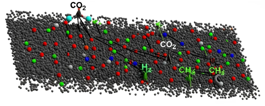 Visualizzazione 3D fotorealistica della sezione trasversale di una membrana a matrice mista PMP/ZIF-8, 60mm macro lens, evidenziando le nanoparticelle ZIF-8 (strutture cristalline porose, luminose) disperse uniformemente nella matrice polimerica PMP (struttura amorfa, scura), con molecole di CO2 (sfere rosse) che passano selettivamente attraverso i percorsi creati, mentre molecole di CH4 (verdi) e H2 (blu) sono respinte o passano più lentamente. Alta definizione, illuminazione da laboratorio controllata che enfatizza la struttura interna.