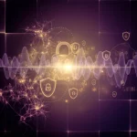 Visualizzazione astratta della complessa interazione tra intelligenza artificiale generativa (simboleggiata da reti neurali luminose) e privacy degli utenti (simboleggiata da scudi protettivi trasparenti), con elementi grafici che rappresentano flussi di dati e lucchetti digitali, stile cinematografico, obiettivo 50mm, profondità di campo, colori duotone viola e oro.