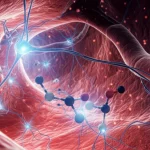 Visualizzazione concettuale del cervello umano con connessioni neurali luminose sovrapposte a un'immagine astratta di molecole di biomarcatori (come BDNF, HMOX1) circolanti nel flusso sanguigno all'interno di un'arteria coronaria stilizzata, stile fotorealistico con profondità di campo, colori blu e rosso duotone, obiettivo 35mm.