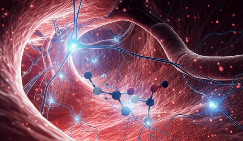 Visualizzazione concettuale del cervello umano con connessioni neurali luminose sovrapposte a un'immagine astratta di molecole di biomarcatori (come BDNF, HMOX1) circolanti nel flusso sanguigno all'interno di un'arteria coronaria stilizzata, stile fotorealistico con profondità di campo, colori blu e rosso duotone, obiettivo 35mm.