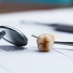 Close-up, macro lens, 85mm, alta definizione, illuminazione controllata, che mostra una rubrica di valutazione endodontica cartacea posata accanto a un dente molare estratto dopo trattamento canalare, con strumenti odontoiatrici sfocati sullo sfondo.
