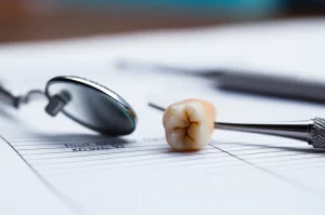 Close-up, macro lens, 85mm, alta definizione, illuminazione controllata, che mostra una rubrica di valutazione endodontica cartacea posata accanto a un dente molare estratto dopo trattamento canalare, con strumenti odontoiatrici sfocati sullo sfondo.