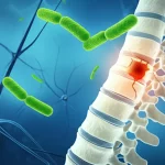 Illustrazione concettuale dell'asse intestino-cervello con batteri probiotici (Limosilactobacillus reuteri) che fluttuano vicino a neuroni stilizzati e a una rappresentazione del midollo spinale danneggiato, suggerendo un'influenza positiva. Profondità di campo, colori duotone blu (neurologico) e verde (biologico/speranza).