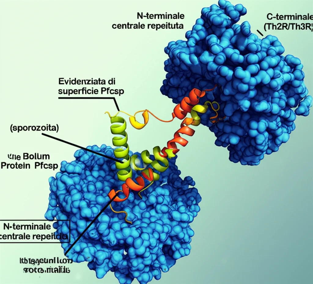 Immagine al microscopio elettronico del parassita della malaria Plasmodium falciparum (sporozoita) con evidenziata la proteina di superficie Pfcsp. Accanto, una rappresentazione 3D della struttura della proteina Pfcsp che mostra le regioni N-terminale, centrale ripetuta e C-terminale (Th2R/Th3R). Illuminazione scientifica, alta definizione, lente macro 105mm.