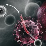 Immagine concettuale astratta che rappresenta l'interazione tra il virus dell'influenza H7N9 e i meccanismi cellulari ospiti, come il proteasoma e la proteina GANC, stile cinematografico film noir, obiettivo 35mm, elevato contrasto, colori duotone grigio e rosso scuro.