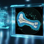 Immagine concettuale fotorealistica: una scansione TC di un fossile di femore di dinosauro è visualizzata su uno schermo trasparente futuristico. Sovrapposte alla scansione, linee e nodi digitali rappresentano la mesh per l'analisi agli elementi finiti (FEA) e algoritmi di deep learning. Obiettivo prime 35mm, profondità di campo ridotta, toni blu e cyano per un'atmosfera high-tech.