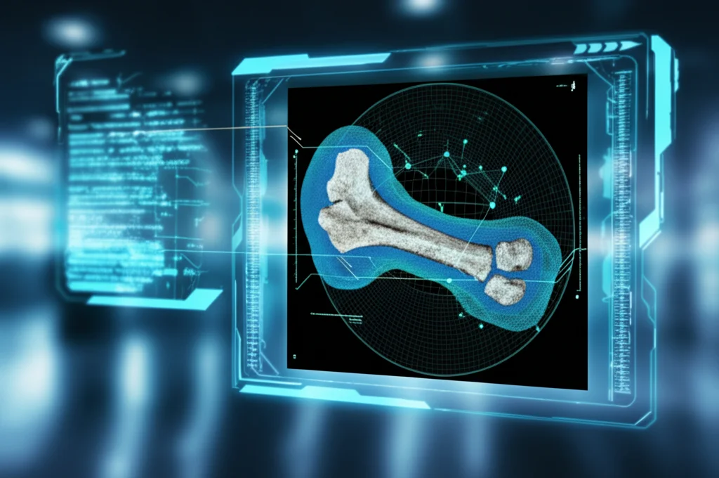 Immagine concettuale fotorealistica: una scansione TC di un fossile di femore di dinosauro è visualizzata su uno schermo trasparente futuristico. Sovrapposte alla scansione, linee e nodi digitali rappresentano la mesh per l'analisi agli elementi finiti (FEA) e algoritmi di deep learning. Obiettivo prime 35mm, profondità di campo ridotta, toni blu e cyano per un'atmosfera high-tech.