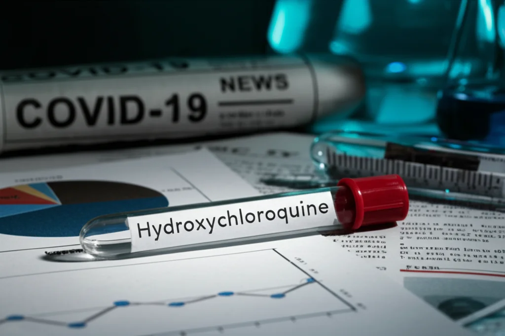 Immagine fotorealistica di una provetta etichettata 'Hydroxychloroquine' posta su un tavolo da laboratorio accanto a grafici scientifici e ritagli di giornale con titoli sulla pandemia COVID-19. Illuminazione drammatica stile film noir, profondità di campo ridotta, obiettivo 35mm, per simboleggiare la controversia e l'urgenza della ricerca scientifica durante una crisi sanitaria.