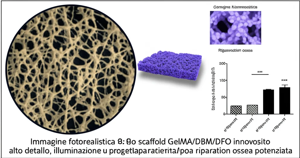 Immagine fotorealistica, lente macro, 85mm, alto dettaglio, illuminazione controllata, che mostra uno scaffold di idrogel composito GelMA/DBM/DFO innovativo progettato per una riparazione ossea potenziata, evidenziando la sua struttura porosa accanto a un diagramma che illustra la rigenerazione ossea.