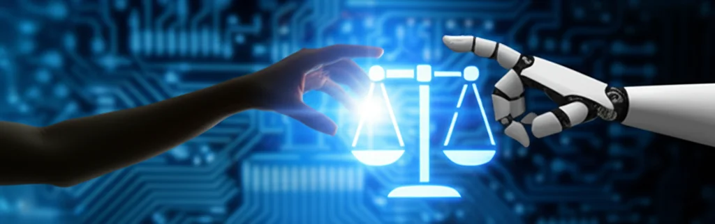 Concetto visivo di equità nell'intelligenza artificiale: una mano umana e una mano robotica che tengono in equilibrio una bilancia digitale luminosa, simbolo della collaborazione per la giustizia algoritmica. Obiettivo prime 50mm, profondità di campo ridotta per focalizzare sulle mani e la bilancia, sfondo astratto con circuiti blu luminosi.