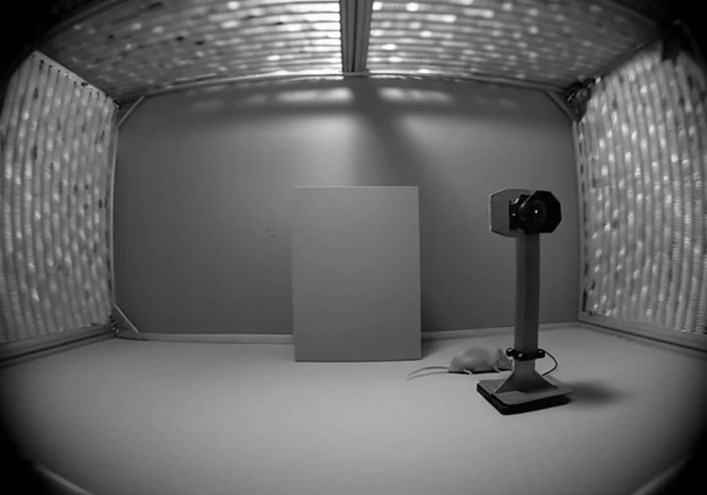 Fotografia scientifica fotorealistica di un topo C57BL/6 osservato da una telecamera di profondità 3D (stile Kinect) in un'arena sperimentale. Lente prime 35mm, illuminazione controllata da laboratorio, focus sul topo e sulla tecnologia di tracciamento, profondità di campo.