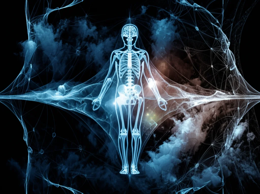 Illustrazione concettuale astratta che mostra una figura umana stilizzata al centro di una rete complessa che collega elementi del cervello, del corpo, delle relazioni sociali e dell'ambiente fisico. Stile fotorealistico con elementi surreali, obiettivo grandangolare 24mm per dare un senso di contesto ampio, colori tenui ma con punti focali luminosi.