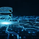 Illustrazione concettuale di un database rappresentato come un grafo luminoso e complesso, con nodi che rappresentano dati e query interconnessi da linee energetiche blu e ciano, suggerendo l'apprendimento automatico e l'analisi rapida. Obiettivo prime 35mm, profondità di campo, colori duotone blu e ciano high-tech.