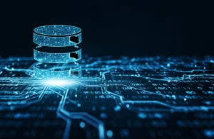 Illustrazione concettuale di un database rappresentato come un grafo luminoso e complesso, con nodi che rappresentano dati e query interconnessi da linee energetiche blu e ciano, suggerendo l'apprendimento automatico e l'analisi rapida. Obiettivo prime 35mm, profondità di campo, colori duotone blu e ciano high-tech.