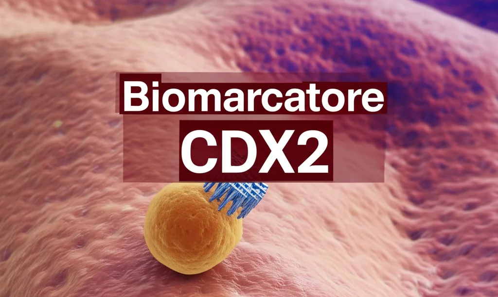 Illustrazione fotorealistica di un biomarcatore CDX2 stilizzato che si lega a una cellula di cancro del colon-retto, evidenziando il concetto di diagnosi precoce, obiettivo 35mm con profondità di campo.