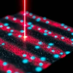 Illustrazione fotorealistica di un impulso laser ultravioletto femtosecondo che interagisce con la superficie stratificata del fosforo nero, creando eccitoni luminosi (rappresentati come particelle energetiche blu e rosse) anche dove sarebbero 'proibiti', con enfasi sulla velocità e l'energia, obiettivo prime 35mm, profondità di campo, luce drammatica.