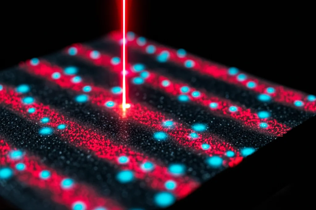 Illustrazione fotorealistica di un impulso laser ultravioletto femtosecondo che interagisce con la superficie stratificata del fosforo nero, creando eccitoni luminosi (rappresentati come particelle energetiche blu e rosse) anche dove sarebbero 'proibiti', con enfasi sulla velocità e l'energia, obiettivo prime 35mm, profondità di campo, luce drammatica.