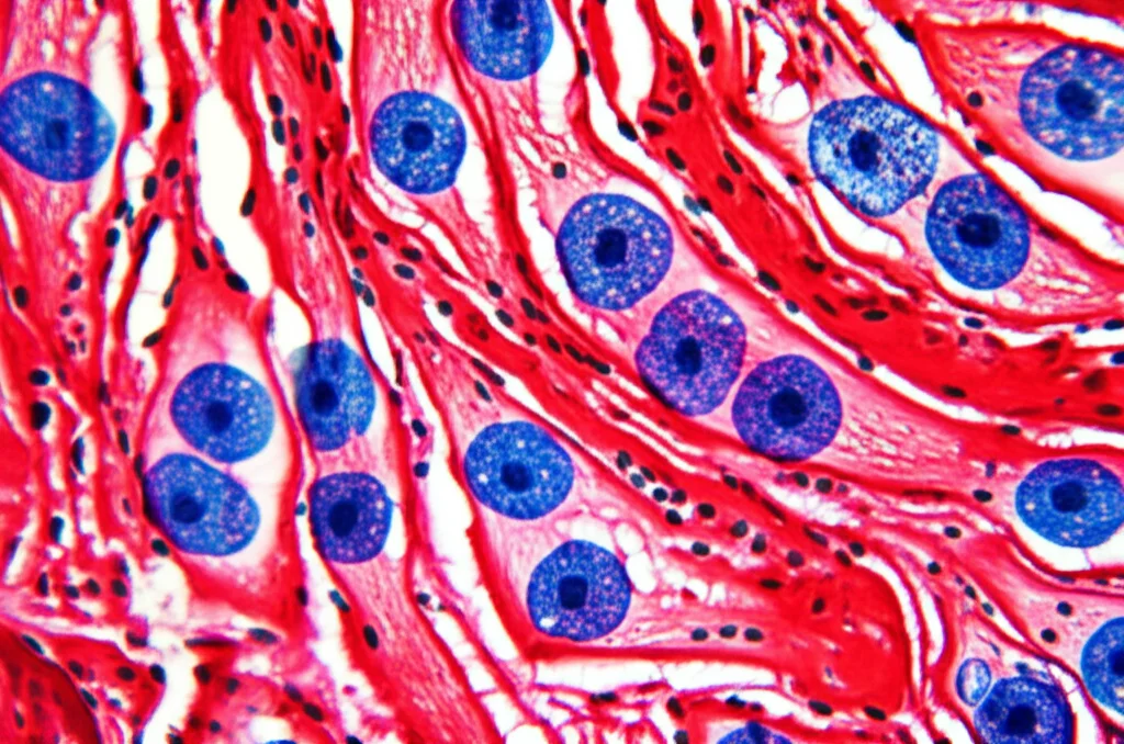 Immagine concettuale fotorealistica che mostra il tessuto esofageo a livello cellulare, con alcune cellule che subiscono piroptosi (morte cellulare infiammatoria, evidenziate in blu) mentre altre mostrano segni precoci di cancro indotti da fumo e alcol (evidenziate in rosso). Lente macro 90mm, illuminazione da laboratorio controllata, alta definizione, focus selettivo sulle cellule in piroptosi e su quelle con alterazioni nucleari.
