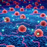 Immagine concettuale fotorealistica del microambiente del tumore renale, obiettivo macro 90mm, alta definizione, illuminazione drammatica, che mostra esosomi (piccole sfere luminose) rilasciati da cellule tumorali (rosse) che attivano i fibroblasti circostanti (blu), evidenziando la comunicazione intercellulare e l'effetto Warburg con scie metaboliche visibili.