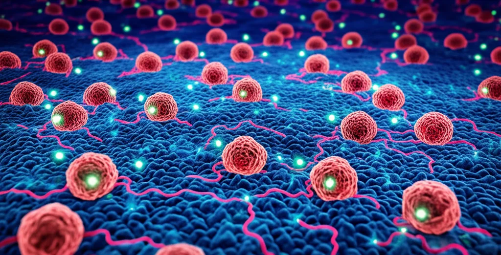 Immagine concettuale fotorealistica del microambiente del tumore renale, obiettivo macro 90mm, alta definizione, illuminazione drammatica, che mostra esosomi (piccole sfere luminose) rilasciati da cellule tumorali (rosse) che attivano i fibroblasti circostanti (blu), evidenziando la comunicazione intercellulare e l'effetto Warburg con scie metaboliche visibili.