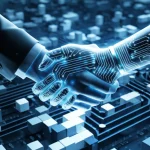 Immagine concettuale fotorealistica: una stretta di mano tra una mano umana realistica e una mano robotica/digitale composta da circuiti luminosi. Le mani si incontrano emergendo da uno sfondo astratto composto da blocchi luminosi blu e argento interconnessi, che rappresentano la blockchain. Obiettivo 35mm, immagine in duotone blu e argento, profondità di campo ridotta per focalizzare sulla stretta di mano, simboleggiando la fiducia, la sicurezza e la collaborazione tra il mondo fisico e quello digitale abilitata dalla tecnologia.