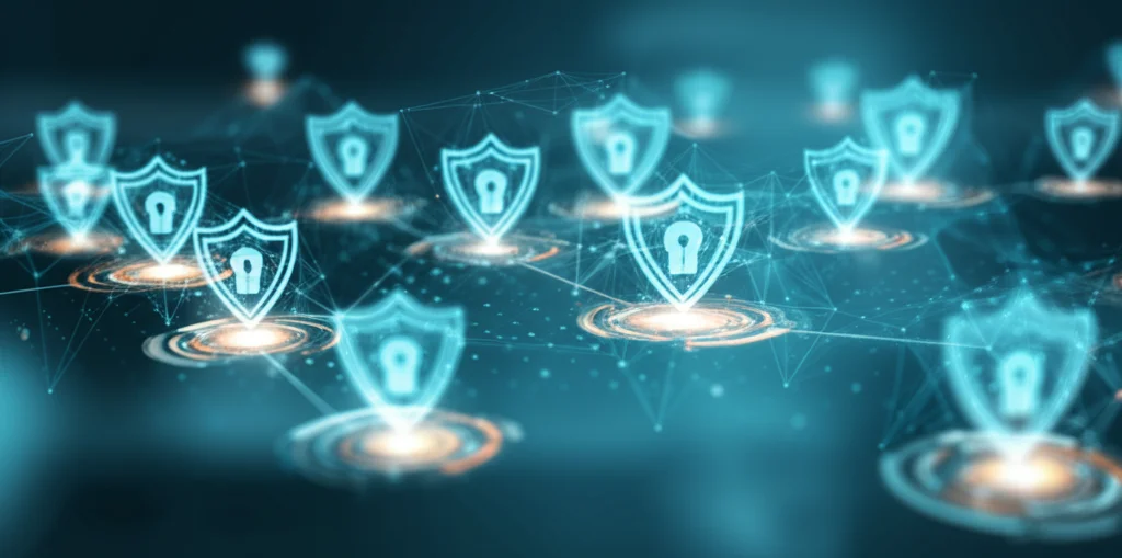 Immagine concettuale high-tech che mostra una rete blockchain sicura che collega diverse istituzioni sanitarie, con dati paziente stilizzati e protetti da scudi digitali luminosi. Prime lens 35mm, depth of field, illuminazione cinematografica.