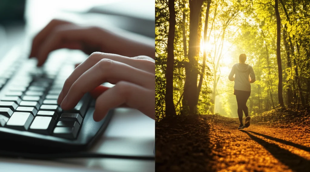 Immagine divisa verticalmente: a sinistra, un primo piano di una tastiera e mani tese su di essa in un ufficio con luce artificiale fredda, evocando stress lavorativo. A destra, una persona vista di schiena che corre su un sentiero in un bosco illuminato dal sole al tramonto, simbolo di attività fisica liberatoria. Fotorealismo, obiettivo 24mm per catturare entrambe le scene, contrasto netto tra le due metà.