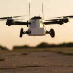 Immagine fotorealistica di ATMO, il morphobot aereo-terrestre, catturato a mezz'aria durante la sua trasformazione dinamica vicino al suolo. La scena mostra il robot con i propulsori inclinati, pronti per l'atterraggio su ruote, in un ambiente esterno leggermente accidentato al crepuscolo. Obiettivo zoom 35mm, profondità di campo che sfoca leggermente lo sfondo, illuminazione calda del tramonto che evidenzia i dettagli del robot.