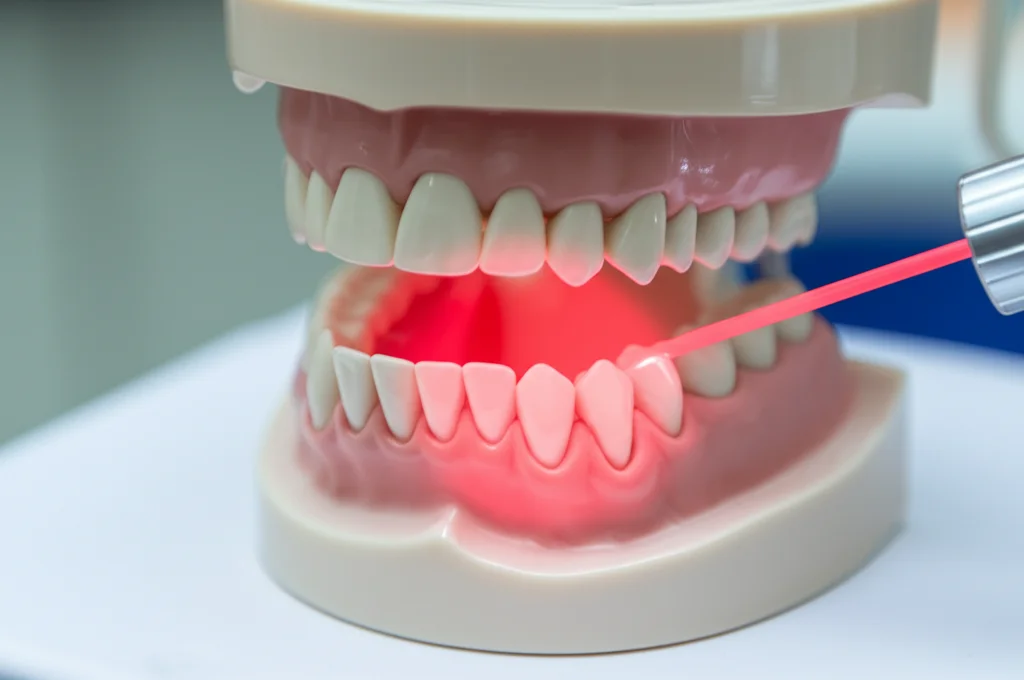 Immagine fotorealistica di un fascio di luce laser rossa (simbolo della PBM) che illumina delicatamente l'area gengivale di una mandibola modello in un contesto clinico pulito e moderno, messa a fuoco selettiva sulla luce, obiettivo macro 60mm, illuminazione controllata ad alto dettaglio.