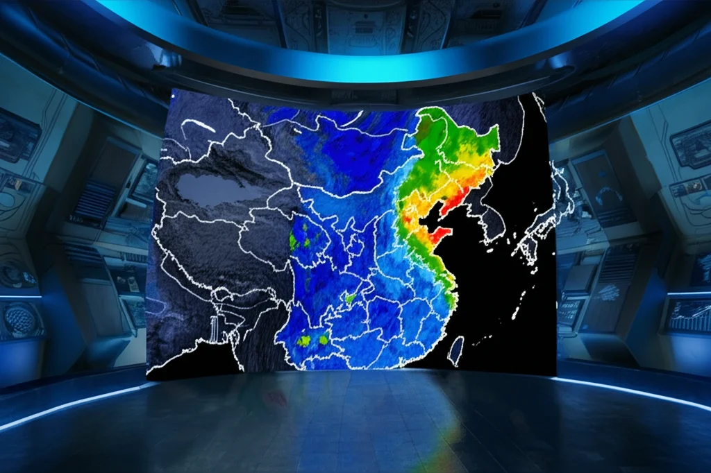 Mappa meteorologica digitale della Cina continentale che mostra pattern di precipitazioni previsti con colori vivaci su uno schermo curvo high-tech in una sala di controllo futuristica, illuminazione ambientale controllata, messa a fuoco precisa sui dettagli della mappa nella regione del Nord-Est, obiettivo macro 85mm.