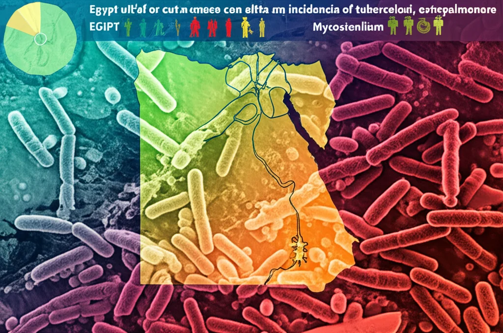 Mappa stilizzata dell'Egitto con evidenziate le aree con alta incidenza di tubercolosi extrapolmonare, sovrapposta a un'immagine microscopica del batterio Mycobacterium tuberculosis. Stile infografico, colori caldi e freddi a contrasto.