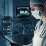 Primo piano di un medico che osserva attentamente un tablet con grafici complessi di dati paziente in un'unità di terapia intensiva moderna. La luce ambientale è soffusa, tipica di un ambiente ICU notturno o controllato. Si usa un obiettivo 35mm per un ritratto ambientale, con una profondità di campo che mette a fuoco il tablet e il volto concentrato del medico, mentre lo sfondo con altre attrezzature è leggermente sfocato. Toni blu e grigi duotone per un'atmosfera tecnologica e seria.