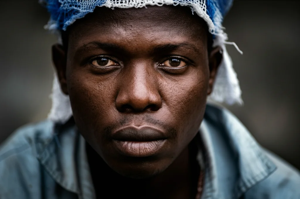 Ritratto fotografico di un sopravvissuto all'Ebola nella Repubblica Democratica del Congo, sguardo intenso e riflessivo rivolto verso la camera. Obiettivo prime 35mm, luce naturale laterale che crea contrasto, profondità di campo ridotta per isolare il soggetto, toni duo blu e grigio per un effetto emotivo.