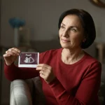Ritratto fotografico di una donna matura (sui 45 anni) sorridente ma pensierosa, che tiene delicatamente una piccola ecografia, obiettivo 35mm, profondità di campo, luce naturale morbida, stile fotorealistico.