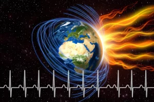 Visualizzazione artistica del campo magnetico terrestre (linee blu curve attorno al pianeta) che interagisce con onde stilizzate rappresentanti l'attività solare (gialle/arancioni) e un grafico simile a un ECG sovrapposto che simboleggia la pressione sanguigna umana, stile fotorealistico con dettagli nitidi sul pianeta e sulle linee di campo, illuminazione cosmica suggestiva.