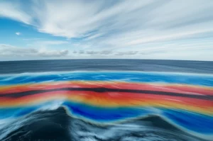 Visualizzazione artistica del fenomeno El Niño nel Pacifico equatoriale, con correnti oceaniche calde (rosse) e fredde (blu) che interagiscono sotto un cielo parzialmente nuvoloso, simulazione generata da un modello di deep learning, wide-angle 10mm, long exposure per nuvole fluide, sharp focus sull'interazione delle correnti.